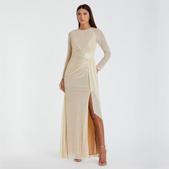 NWT Mac Duggal Sequined Ruched Long Sleeve Boat Neck Gown Pearl 2 #8546 - Picture 1 of 8